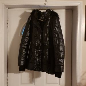 Michael Kors Black Quilted Puffer Coat with Faux Fur Trim